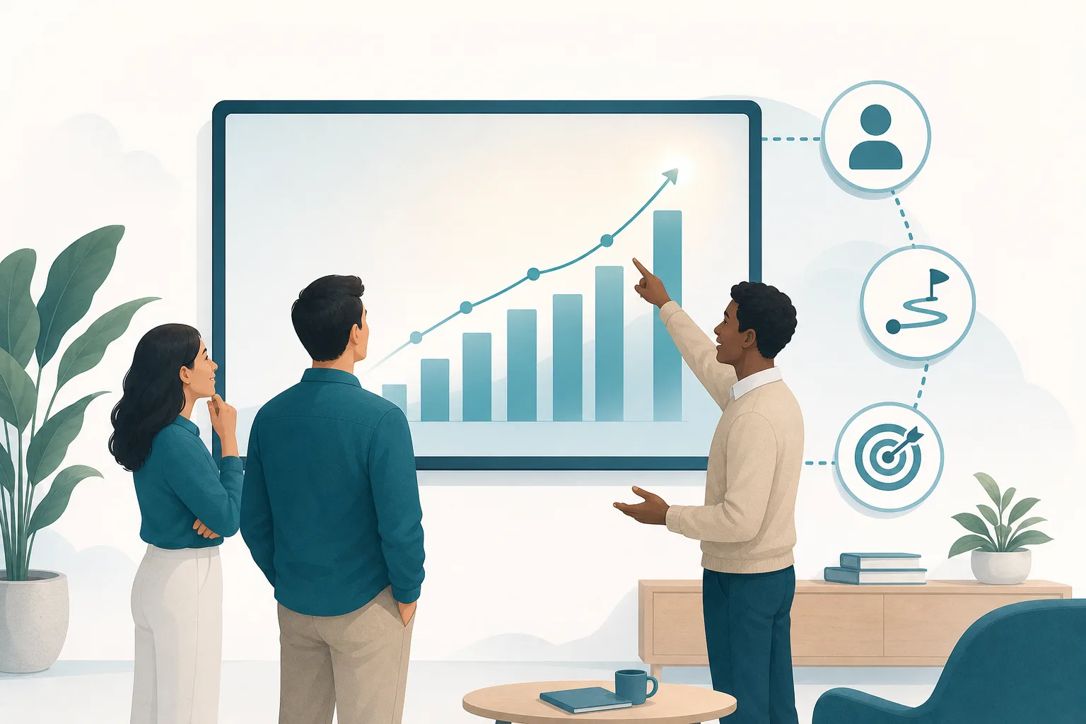 A marketing team reviewing analytics dashboards on a large screen in a bright office